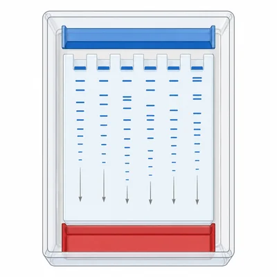 DNA fragments moving through a gel from the well end toward the opposite electrode.