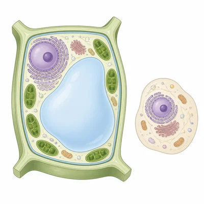 Plant cell showing cell wall, chloroplasts, and a large central vacuole compared with an animal cell.