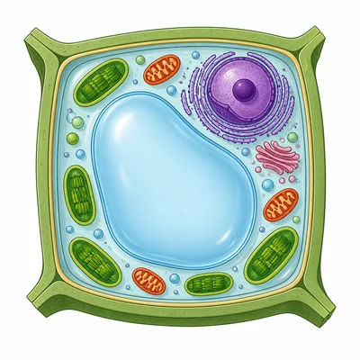 Detailed plant cell with nucleus, membrane, mitochondria, cell wall, chloroplasts, and large vacuole.