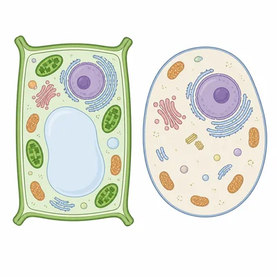 Unlabeled plant cell with chloroplasts beside unlabeled animal cell without chloroplasts.