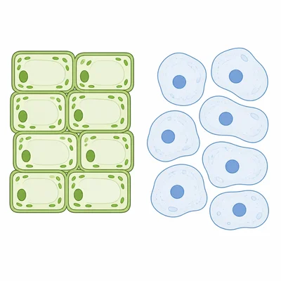 Boxy plant cells compared with rounded animal cells.