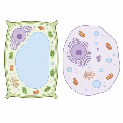 Plant cell with one large vacuole compared with animal cell with small vacuoles.