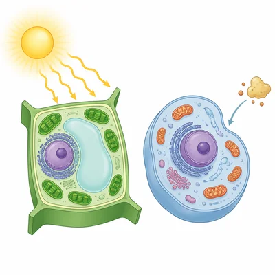 Plant cell with chloroplasts using sunlight beside animal cell without chloroplasts.