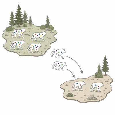 Diagram of wolves being moved from a genetically diverse population into an isolated wolf population.