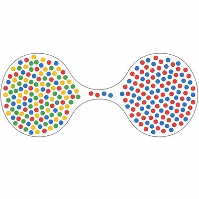 Diagram of a bottleneck where a diverse population passes through a narrow event and later contains only red and blue allele types.