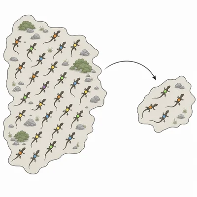 Founder effect diagram showing a few lizards moving from a diverse mainland population to an island without one allele type.