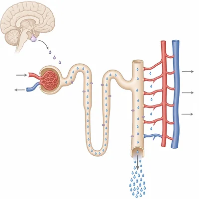 Low ADH causes little water reabsorption and large amounts of dilute urine.