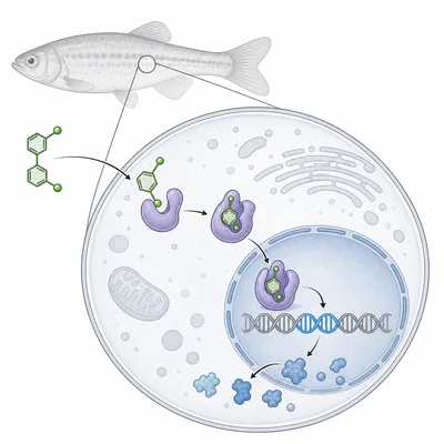 A pesticide binds an estrogen receptor in a fish cell and activates gene expression.