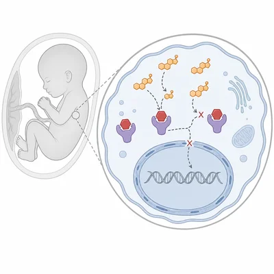 A chemical blocks androgen receptors during fetal development, preventing hormone signaling.