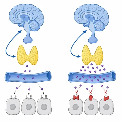 Comparison of low hormone production versus normal hormone levels with target cell resistance.