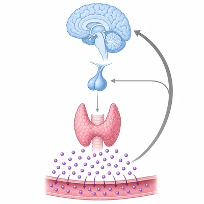 High thyroid hormone sends strong negative feedback that lowers pituitary stimulation.