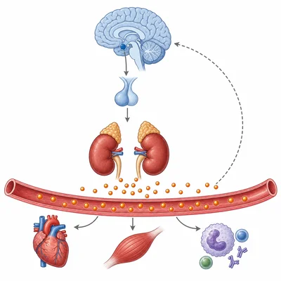 Hypothalamus-pituitary-adrenal pathway leading to high cortisol during long-term stress.