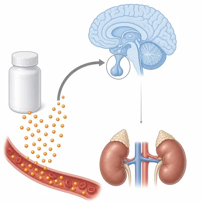 Synthetic cortisol suppresses brain-pituitary signals and reduces adrenal cortisol production.