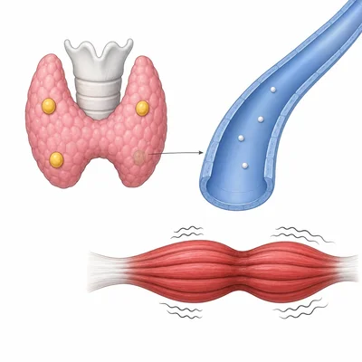 Damaged parathyroid glands release too little hormone, causing low blood calcium and muscle cramps.