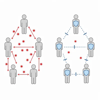 A vaccine diagram showing reduced infection and reduced transmission between people.