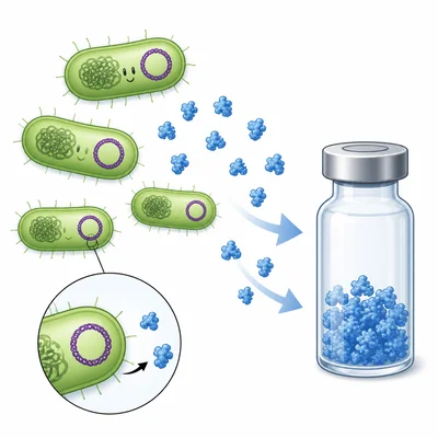 Engineered bacteria produce medicine molecules that are collected in a vial.