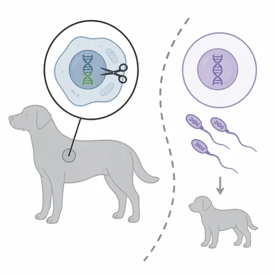 An edited body cell is shown separate from reproductive cells and offspring.