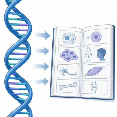 DNA double helix shown beside an open instruction booklet to represent genetic instructions.