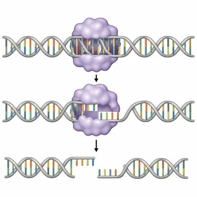 A restriction enzyme cuts a DNA strand into separate pieces.