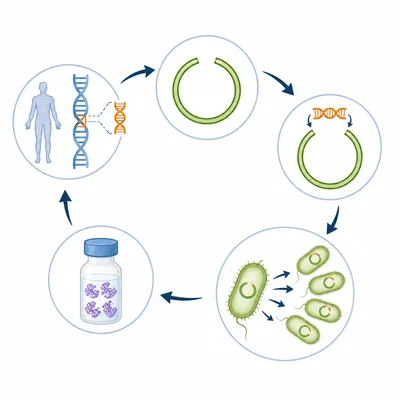 A visual sequence shows a gene inserted into a plasmid, bacteria growing, and protein being collected.
