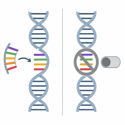One DNA strand shows a gene being added, while another shows a gene being turned off.