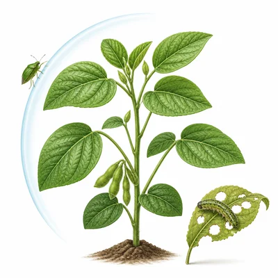 A crop plant resists an insect pest, with a chewed leaf suggesting possible concerns.