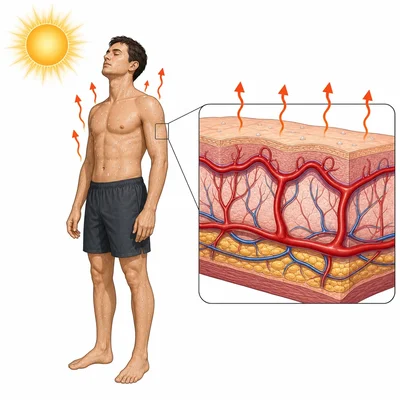 Human body sweating with widened skin blood vessels releasing heat.