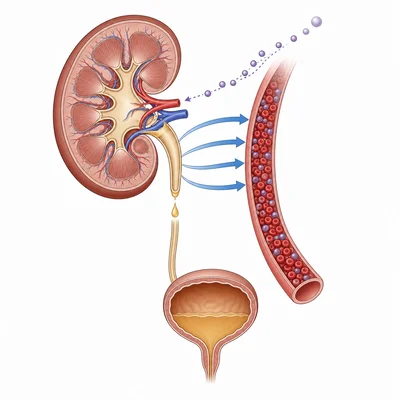 Dark low-volume urine with water reabsorption suggests dehydration and high ADH.