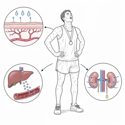 Runner showing homeostatic responses for heat, low glucose, and water loss.