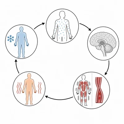 Feedback pathway for low body temperature from cold stimulus to shivering response.