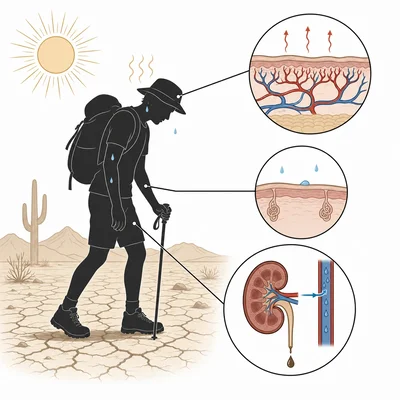 Desert hiker showing heat regulation and water conservation responses.