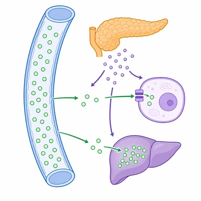 Insulin released by the pancreas helps glucose move from blood into cells and the liver.