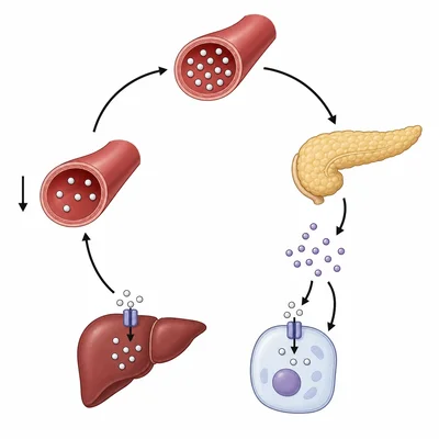 Circular feedback loop showing insulin lowering high blood glucose after a meal.