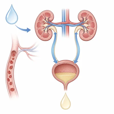 Kidneys respond to excess water by producing a larger volume of dilute urine.