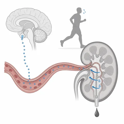 ADH signals the kidneys to reabsorb water after sweating, producing less concentrated urine.