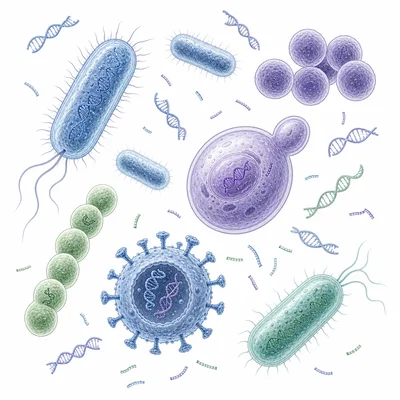 Microbes with DNA strands representing the human microbiome.