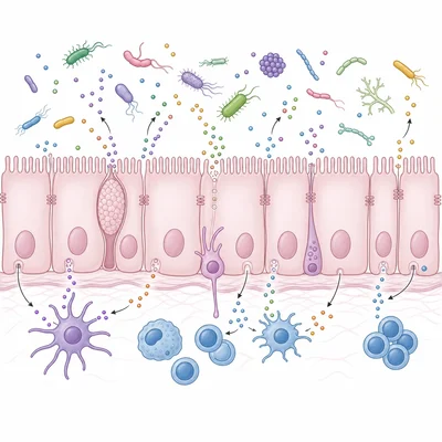 Gut microbes interacting with intestinal lining and immune cells.