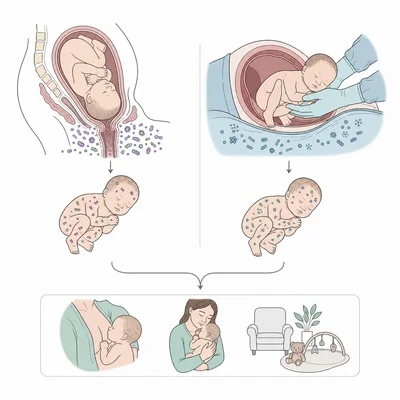 Vaginal and C-section delivery exposing newborns to different early microbes.