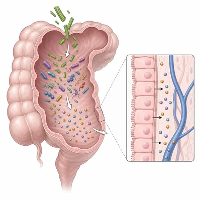 Gut bacteria fermenting dietary fiber into molecules absorbed by intestinal cells.