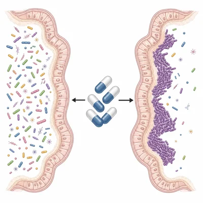Antibiotics reducing microbial diversity and allowing an opportunistic bacterium to overgrow.