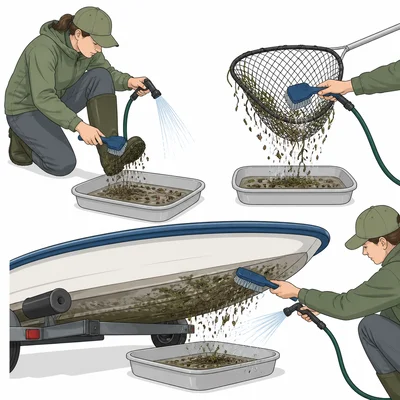 A person cleans boots, fishing gear, and a boat to remove mud and plant fragments.