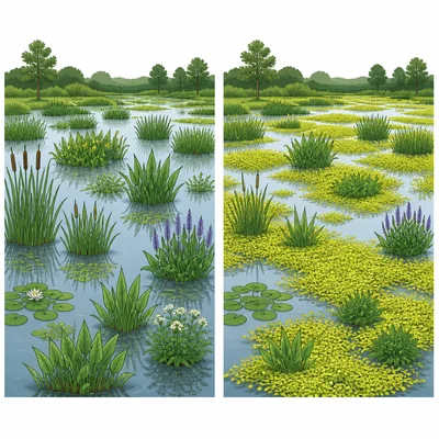 A wetland changes from mostly native plant patches to many invasive plant patches.