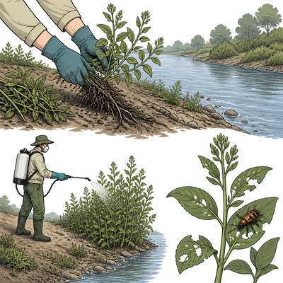 Three methods for controlling an invasive riverbank plant: hand pulling, herbicide, and insects.