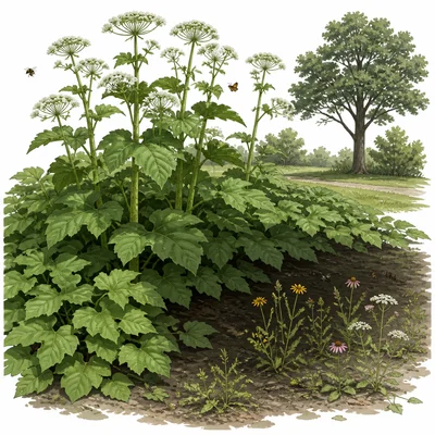A fast-growing plant shades smaller native plants in a park, with fewer insects nearby.