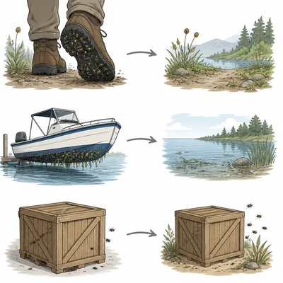 Muddy boots, a boat, and a shipping crate show ways invasive species can be transported by humans.