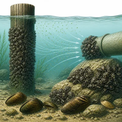 Zebra mussels attach to lake surfaces and crowd native mussels while filtering plankton.