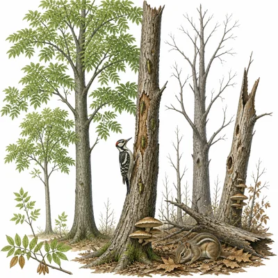 Invasive beetles damage ash trees, affecting other forest organisms.