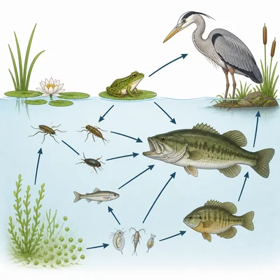 A pond food web shows an invasive fish eating frogs and small insects.