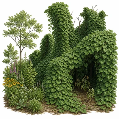 Kudzu vines cover trees and shrubs, shading out native plants.