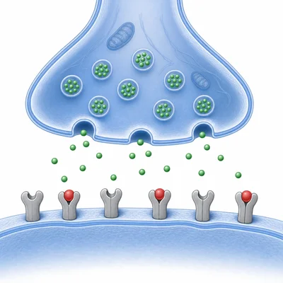 Synapse showing drug molecules blocking receptors on the postsynaptic neuron.